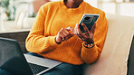 Hands, laptop and phone and person on sofa in living room of home for ecommerce or online shopping. App, communication and computer with customer in apartment to search for bargain or retail sale