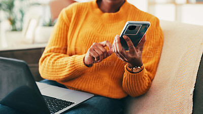 Buy stock photo Hands, laptop and phone and person on sofa in living room of home for ecommerce or online shopping. App, communication and computer with customer in apartment to search for bargain or retail sale