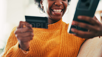 Buy stock photo Home, credit card and woman with smartphone, hands or online payment with smile. Closeup, mobile user or African person with cellphone, savings or banking for transactions, ecommerce or discount deal