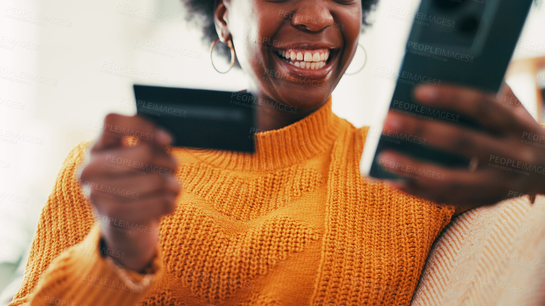 Buy stock photo Home, credit card and woman with smartphone, hands or online payment with smile. Closeup, mobile user or African person with cellphone, savings or banking for transactions, ecommerce or discount deal