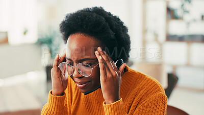 Buy stock photo Woman, pain and headache for call center at house of brain fog, consultant burnout and crm mistake. Person, headset and migraine tension of telecom error, strain discomfort and dizzy of work pressure