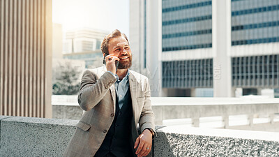 Buy stock photo Business, building and phone call with man in city for career inspiration or opportunity. Architecture, communication and and real estate location with happy employee outdoor for property development
