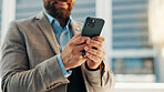 Typing, phone and hands of business man for networking, social media and mobile app on morning commute. Professional, corporate and person on smartphone for contact, message and email in urban town