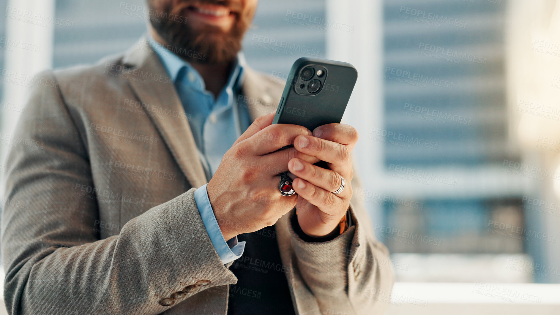 Buy stock photo Typing, phone and hands of business man for networking, social media and mobile app on morning commute. Professional, corporate and person on smartphone for contact, message and email in urban town