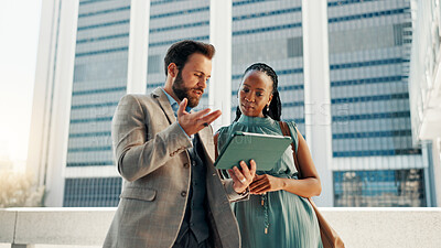 Buy stock photo Tablet, rooftop and business people in discussion in city for planning company investment with stocks. Digital technology, strategy and manager with financial advisor for online with risk management.