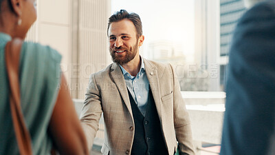 Buy stock photo Meeting, smile and handshake with business man in city for real estate developer, partnership and welcome. Property realtor, urban planning and project with employees outdoors for introduction