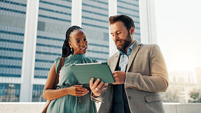Buy stock photo Tablet, rooftop and business people in discussion in town for planning company investment with stocks. Technology, strategy and manager with financial advisor for online with risk management in city.