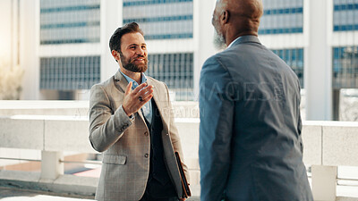 Buy stock photo Meeting, happy and teamwork with business people in city for real estate developer, partnership and discussion. Property realtor, urban planning and project with employees outdoors for collaboration