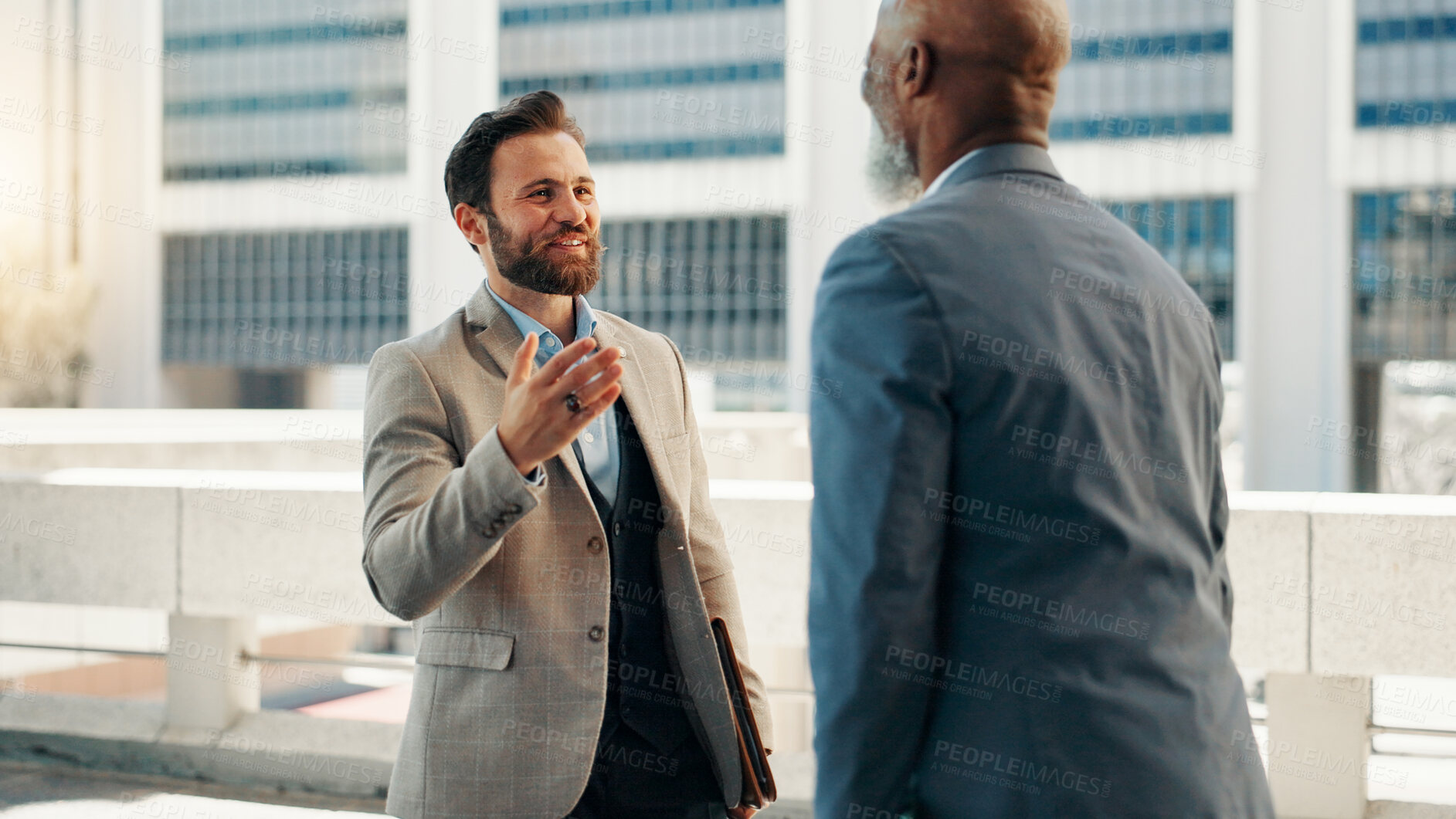 Buy stock photo Meeting, happy and teamwork with business people in city for real estate developer, partnership and discussion. Property realtor, urban planning and project with employees outdoors for collaboration