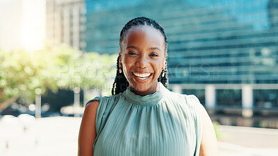 Buy stock photo Business, portrait and smile of black woman in city for career inspiration or opportunity. Architecture, building and real estate with happy property developer at outdoor location for commercial sale