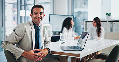 Buy stock photo Meeting, accounting research or businessman in portrait with colleagues for planning or capital growth. Happy, finance budget or financial advisors in boardroom with executive directors or laptop