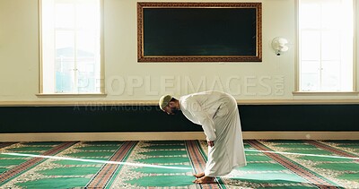 Buy stock photo Muslim man, bow and prayer for faith, worship Allah and holy religion on Eid Mubarak. Islamic person, temple and mosque for peace, hope and praise for spiritual gratitude with dua on Ramadan Kareem