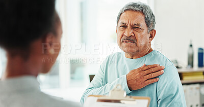 Buy stock photo Senior man, shoulder pain and physiotherapist with consulting, checklist and questions at clinic. People, woman and clipboard for injury with talk, advice and assessment for wellness at hospital
