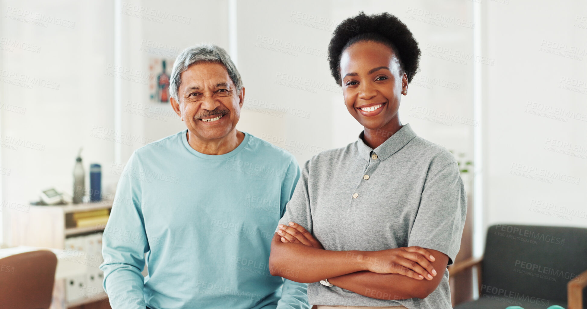 Buy stock photo Portrait, senior man and happy physiotherapist for healthcare, help or healing. Patient, physical therapy and confident person in rehabilitation clinic for recovery, medical support and arms crossed