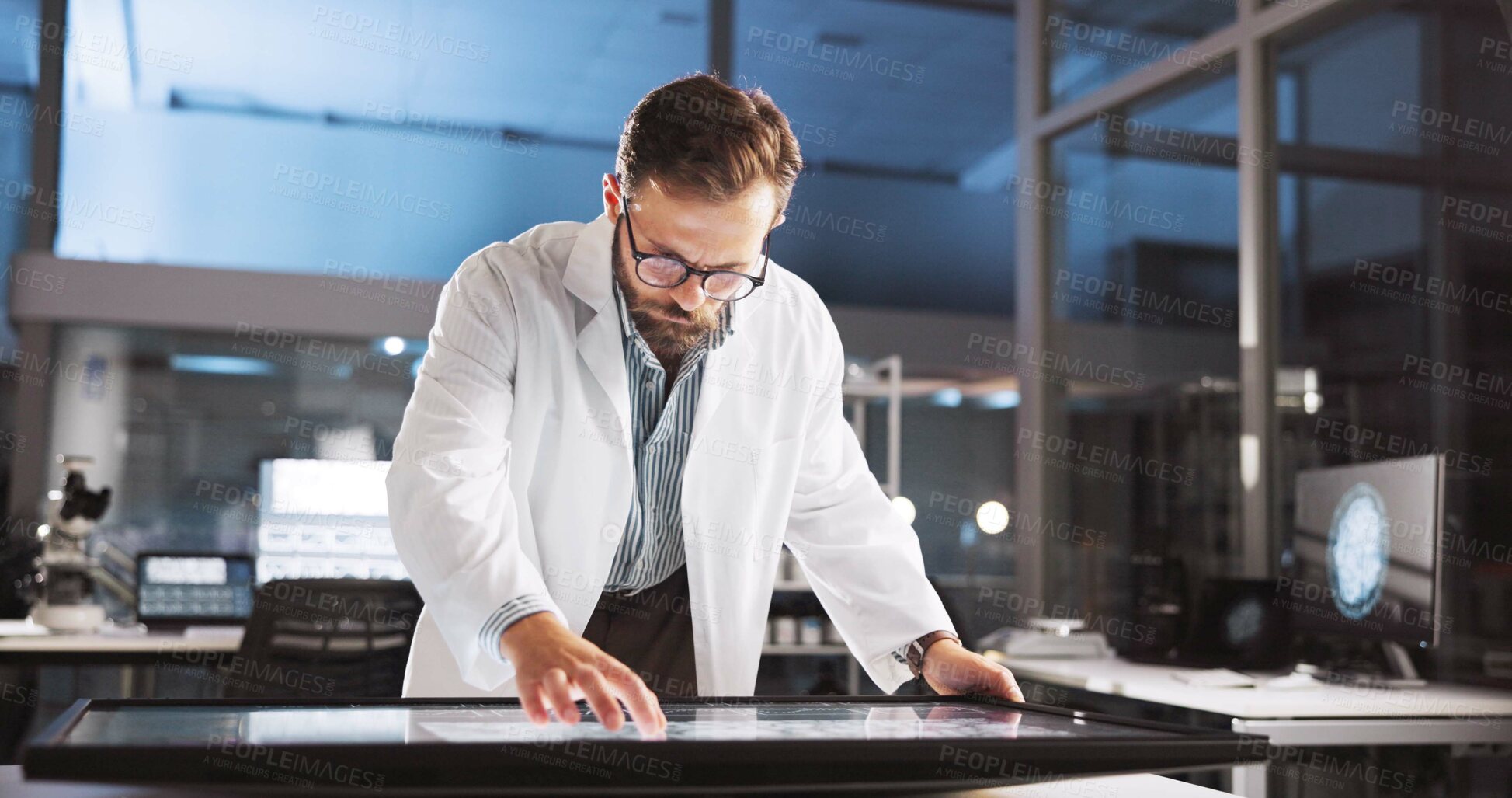 Buy stock photo Scientist, man and thinking with screen for lab review, medical research or innovation. Computer table, interactive display and clinical analysis for studying science data, technology and results