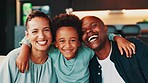 Portrait, hug or parents with son, funny or bonding together with love in living room. Face, African family or father on sofa, mother or boy with happiness, laugh or home with humor, embrace or relax