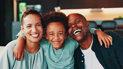 Buy stock photo Portrait, hug or parents with son, funny or bonding together with love in living room. Face, African family or father on sofa, mother or boy with happiness, laugh or home with humor, embrace or relax
