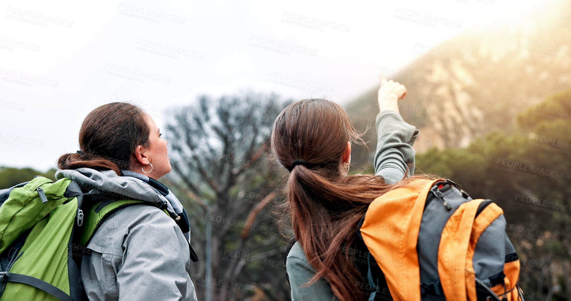 Buy stock photo Women, hiking and point on mountain, direction and trees in forest, backpack or decision for route in nature. People, girl and friends with guide, location or trail with helping hand on path in Italy