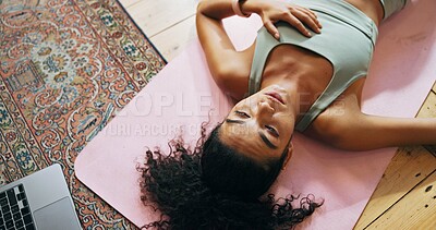 Buy stock photo Above, yoga and tired with woman, home and recovery with fatigue, fitness and exhausted. Apartment, yogi and person on ground, wellness and relax with break, morning and resting with exercise
