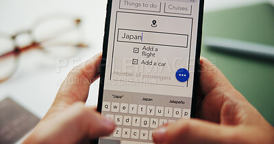 Buy stock photo Hands, person and phone screen for flight booking, travel app and location with itinerary in office. Display, mobile and typing closeup for holiday information, planning trip and destination to Japan