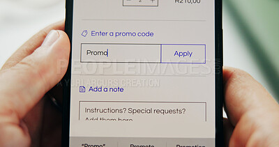 Buy stock photo Phone screen, promo code and hands of person for retail, sale or store discount with ecommerce. Smartphone, app and customer with online shopping choice, order or delivery application with payment