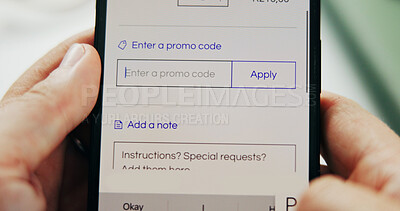 Buy stock photo Phone screen, ecommerce and hands of person for retail, sale or store discount with promo code. Smartphone, app and customer with online shopping choice, order or delivery application with payment