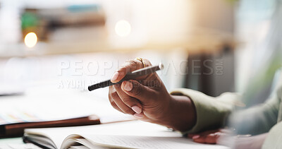 Buy stock photo Pen, hand and person with notebook in home for studying with university test, exam or assignment. Stationary, closeup and student writing notes for research on college scholarship  application.