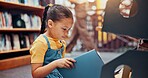 Girl, child and reading book in library, relax and smile with fantasy, education and novel. School, student and academic growth for development, storytelling and knowledge with vocabulary or learning
