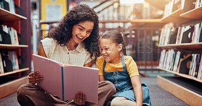 Buy stock photo Happy child, story or teaching in school with book, development or learning growth in library. Teacher, smile or woman tutor with girl, education or kid for literature lesson, fairy tale or fantasy