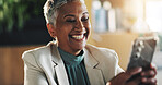 Lobby, business woman and smile with phone for good news, research or online results. Employee, cafeteria and mature editor with digital tech for reading article, blog and info with idea in office