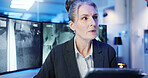Security, tablet and woman in control room for surveillance, investigation and protection service. Law enforcement, computer and mature person with monitor for safety, inspection and cybersecurity