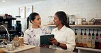 Woman, waitress and meeting on tablet at cafe of menu update, online orders and inventory management. Staff, digital and website reviews, stock information and store checklist of hospitality industry