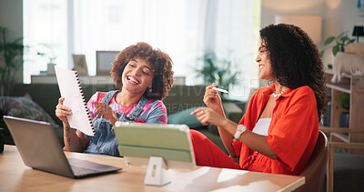 Buy stock photo Happy, women and team with paperwork in home office for comedy script, laugh and joking. Remote work, freelancer and creative collaboration with document for business startup, humor and discussion