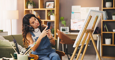 Buy stock photo Artist, woman and picture of painting, smartphone and promotion of artwork, online or social media. Photography, painter and mature person with mobile for post, talent or creative for canvas in house