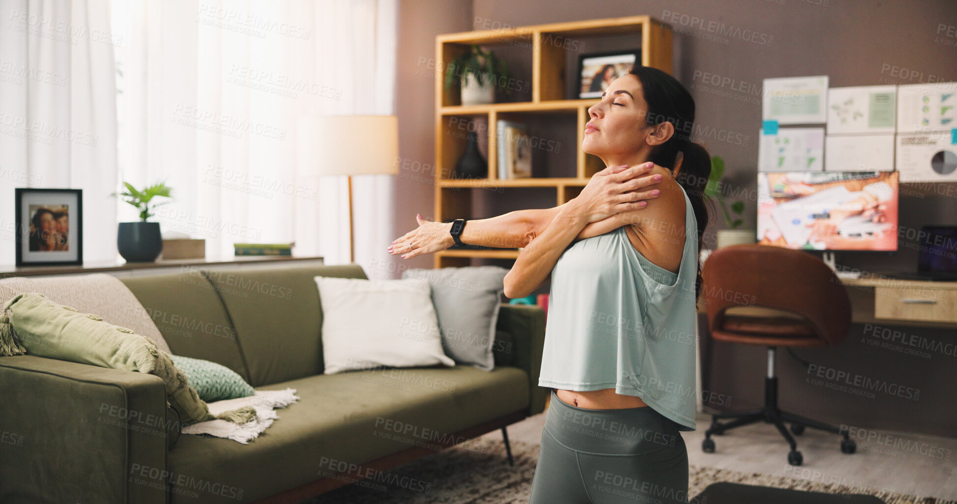Buy stock photo Fitness, stretching and woman in home, wellness and warm up to prepare muscles, workout or healthy. House, person and exercise to improve blood circulation, pilates or training with routine in lounge