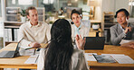 Interview, meeting and recruitment with business people in office for human resources onboarding. Candidate, resume and question with employee team in corporate workplace for job opportunity