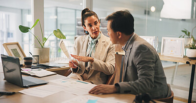 Buy stock photo Collaboration, documents and meeting with business people in office for development or discussion. Laptop, paper and planning with employee team in corporate workplace for conversation or strategy