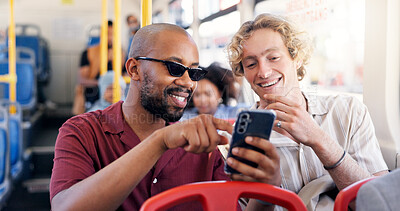 Buy stock photo Smile, men and friends with phone on bus for browsing social media, reading blog and public transport. Happy, people and point with mobile for commute schedule, chat notification and morning journey