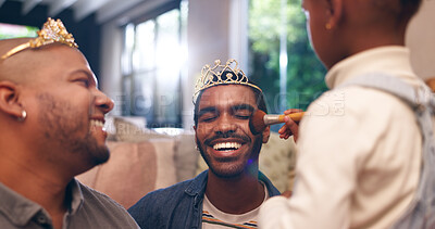 Buy stock photo Gay parents, child and play with makeup for princess fantasy, laughing and happiness with family. Kid, lgbtq father and brush in home to apply beauty cosmetics, care and bonding together with love