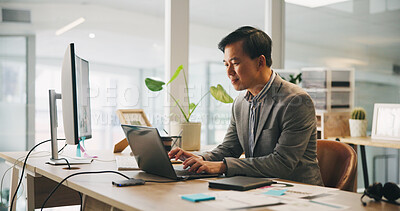 Buy stock photo Laptop, report and typing with accountant man at desk in office for budget or financial planning. Accounting, administration and computer with Asian employee in professional workplace for tax audit