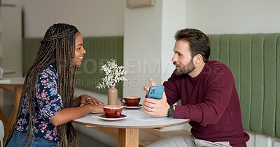 Buy stock photo Coffee, conversation and phone with couple in cafe for bonding, communication or dating. App, social media or text message with man and woman in restaurant together for connection, love or talking