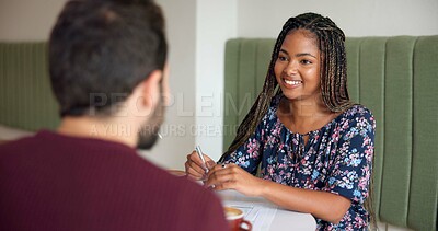Buy stock photo Coffee, conversation and smile with people in cafe for collaboration, meeting or planning. Business, paperwork or strategy with team in restaurant together for startup administration or discussion