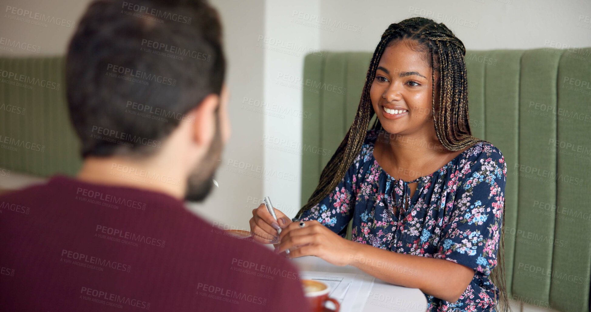 Buy stock photo Coffee, conversation and smile with people in cafe for collaboration, meeting or planning. Business, paperwork or strategy with team in restaurant together for startup administration or discussion