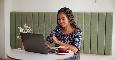 Buy stock photo Freelancer, laptop and research in coffee shop for internet blog, startup planning and proposal. Smile, copywriter and creative black woman with remote work, technology and small business review