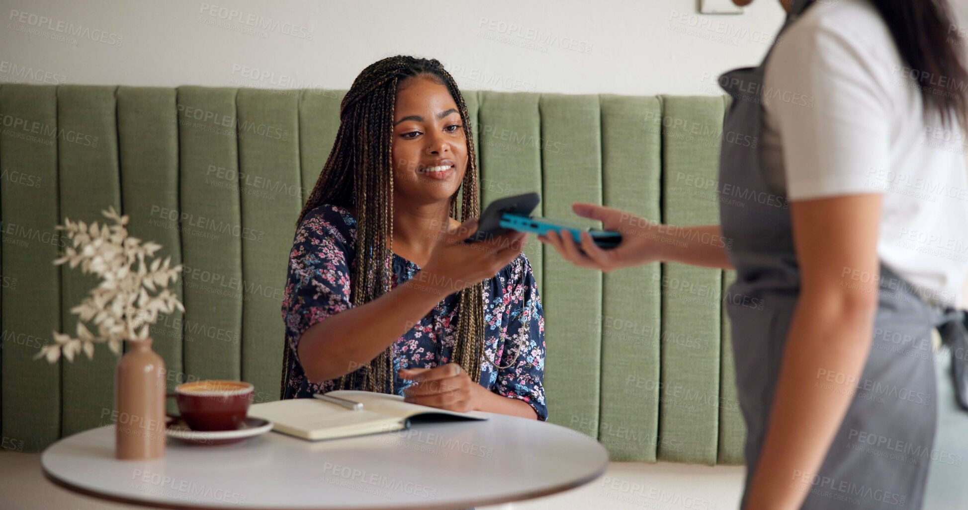 Buy stock photo Woman, waitress and phone in cafe for payment, hospitality and paperless transaction on machine. Happy customer, employee and tech in shop for banking, small business support and interaction at table