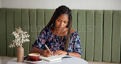 Buy stock photo Freelancer, notebook and writing in coffee shop for journal, startup planning and proposal. Research, copywriter and creative black woman with inspiration, thinking and small business schedule review
