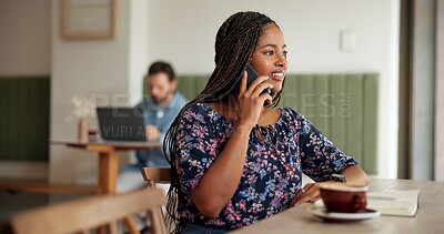 Buy stock photo Phone call, writer and woman in cafe with notebook for source, breaking news and talking. Smile, happy or journalist with diary in coffee shop for remote work, contact and planning for story facts