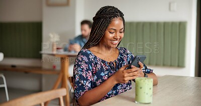 Buy stock photo Happy woman, typing and social media with phone at cafe for remote work, email or chatting app. Female person, customer or freelancer with smile on mobile smartphone for communication at coffee shop