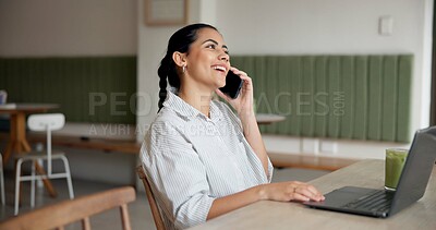 Buy stock photo Happy woman, laptop or talking with phone call at cafe for remote work, communication or chat. Female person, customer or freelancer on computer with mobile smartphone for conversation at coffee shop