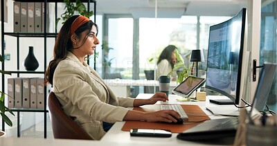 Buy stock photo Business, computer and woman in office, online reading or research for graphs, email or review stats. Person, financial advisor or employee with pc, internet or charts for feedback or economy analyst